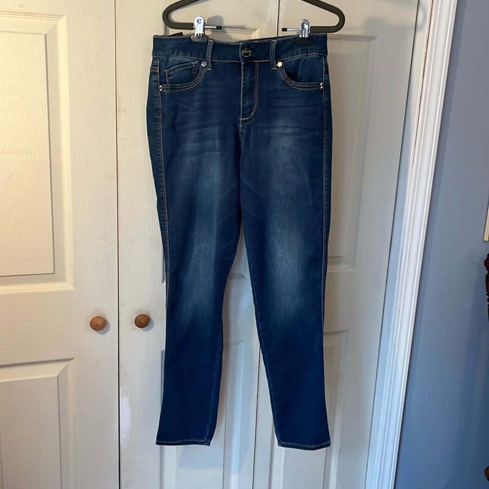 Seven7 Blue Jeans with Unique Stitching and Leather Detail